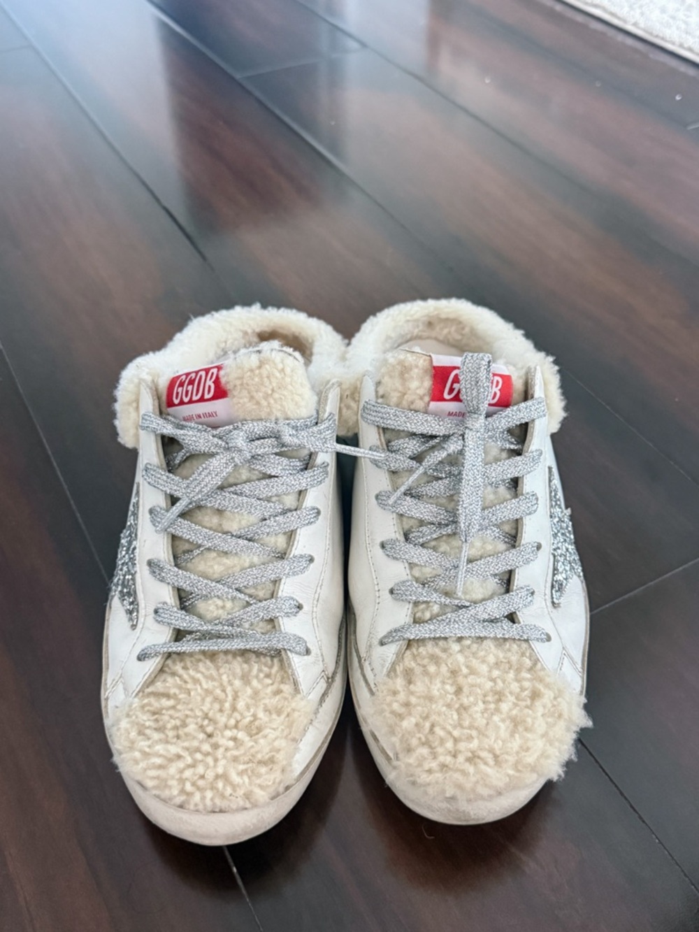 GOLDEN GOOSE SUPER-STAR Shearling-Trim Slip-On Sabot Sneakers Glitter Star - Picture 7 of 11